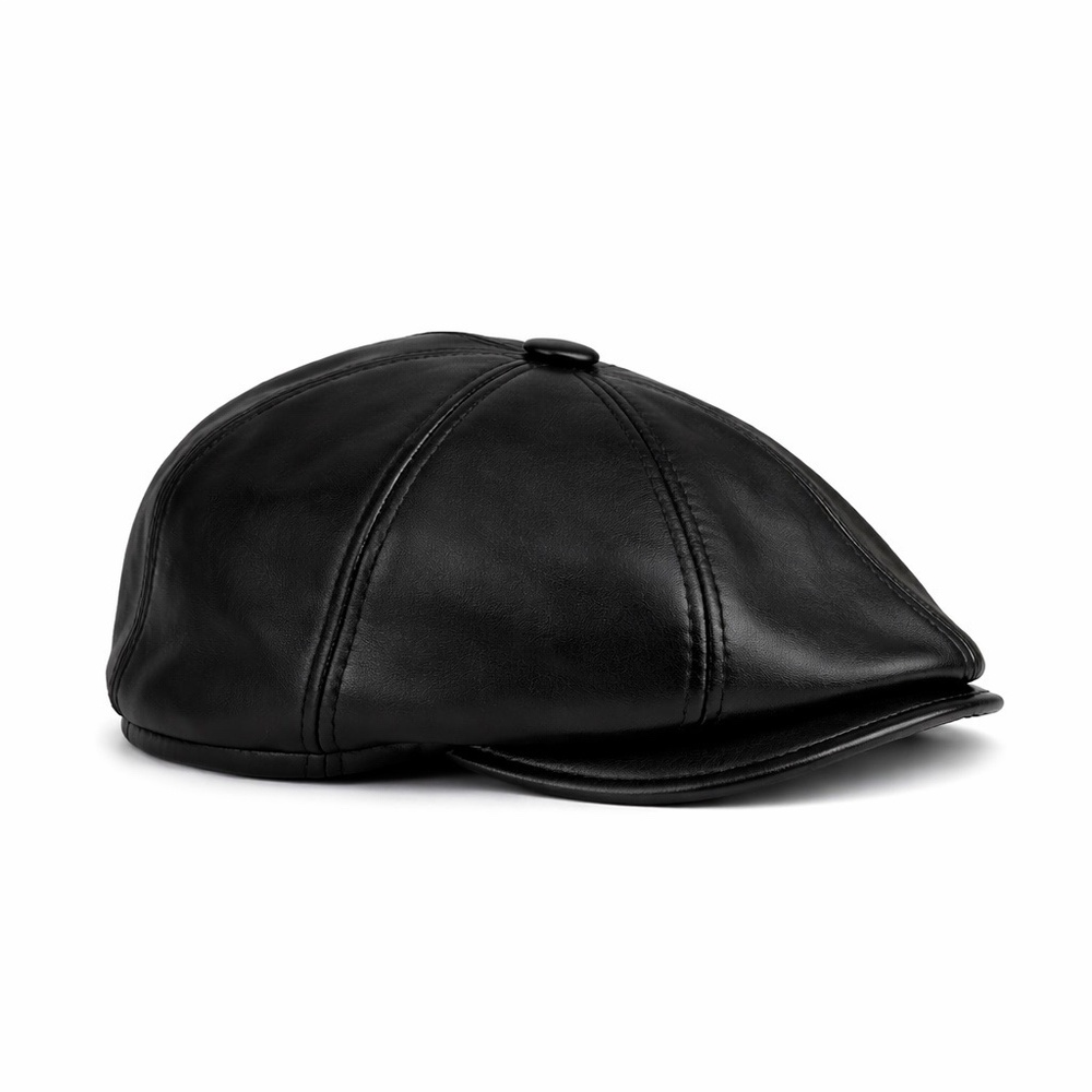 Black Real Sheepskin Leather Flat Cap Men's Newsboy Hat Cabbie Beret S-X…